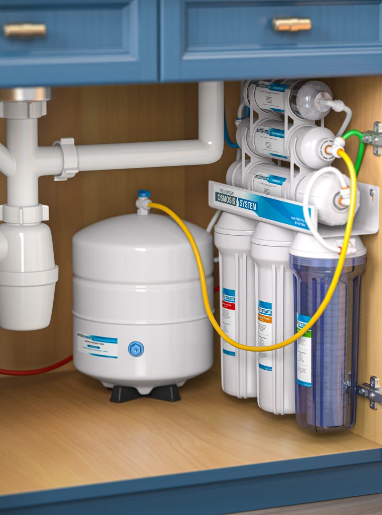 Reverse osmosis water purification system under sink in a kitcha Reverse osmosis water purification system under sink in a kitchaen. Water cleaning system installation. 3d illustration